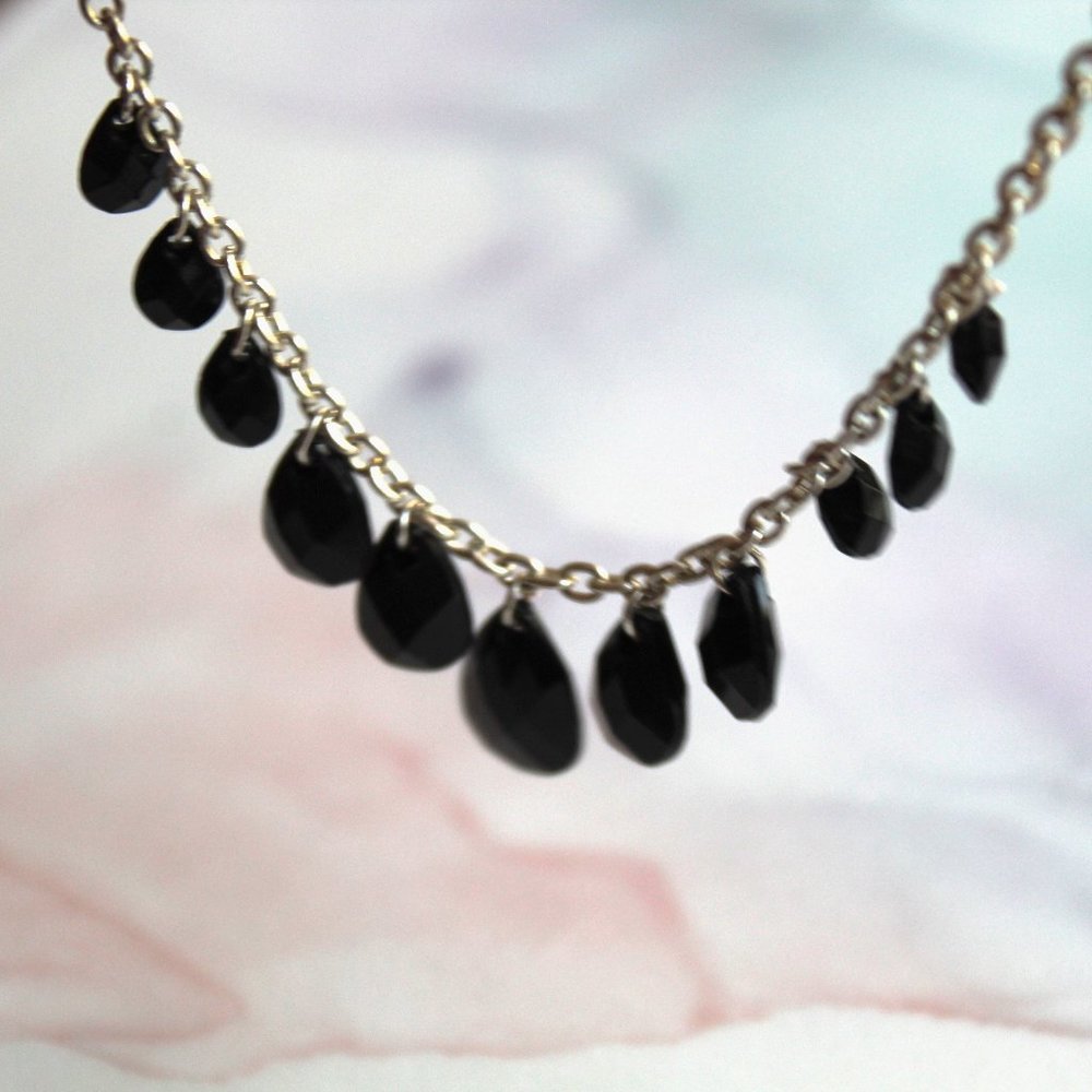 Black Faceted Graduated Teardrop Silver Anklet